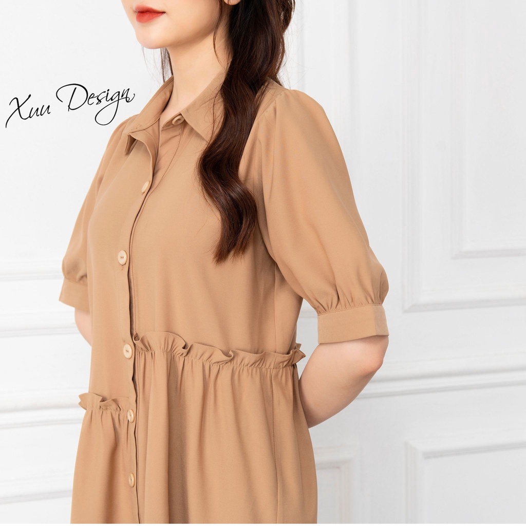 Váy suông phối bèo babydoll XUU cổ sơ mi, chất liệu tơ Xuu Design V02