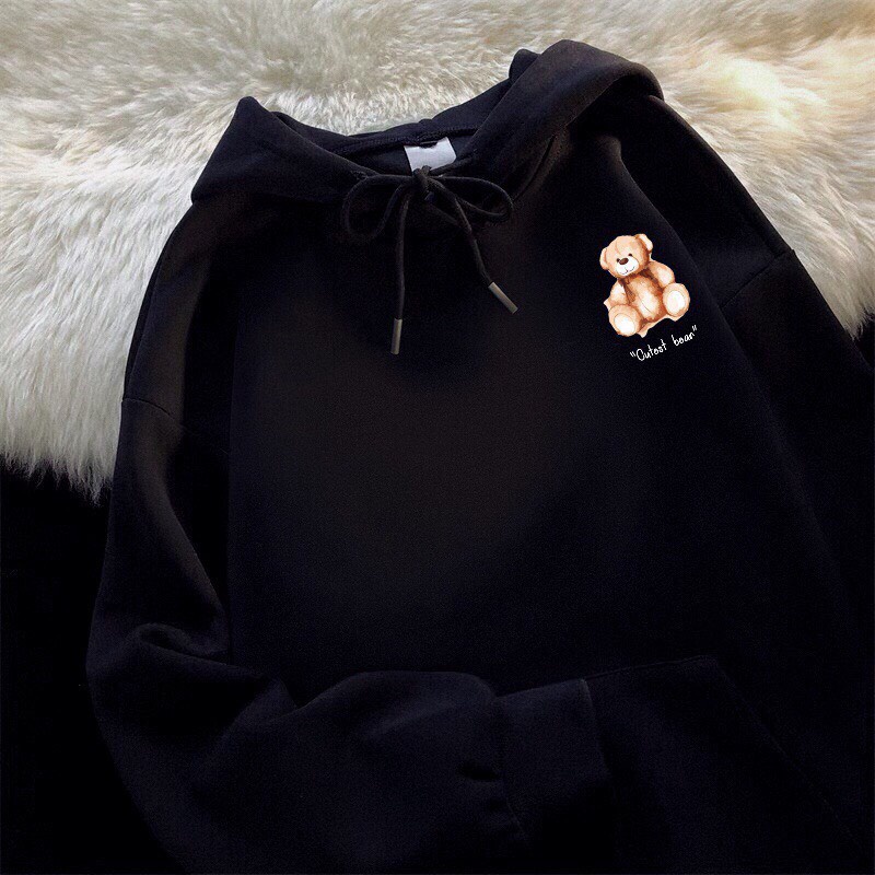 Áo hoodie nữ form rộng 2N Unisex nỉ bông in hình 5 gấu bông màu đen/be