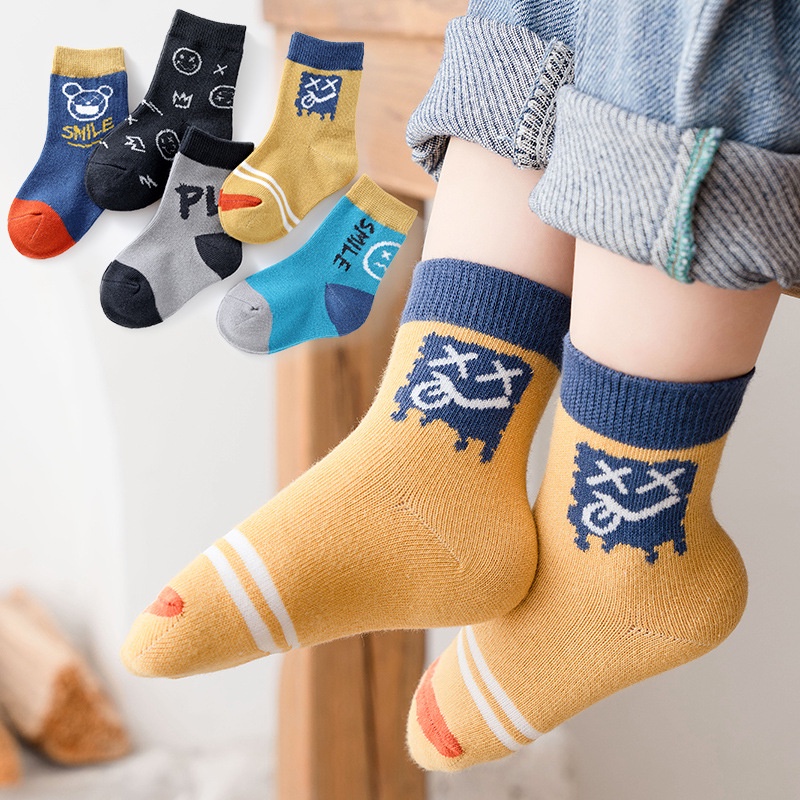 Set 5 Đôi Vớ Cổ Trung In Họa Tiết Hoạt Hình Màu Sắc Tương Phản Thời Trang Cho Bé