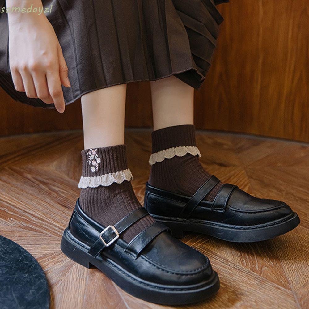 Vớ cotton màu trơn thêu họa tiết ren phong cách Hàn Quốc retro thời trang cho nữ
