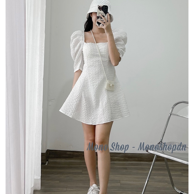 Đầm xốp mút ngực cổ vuông tay phồng lửng dáng xoè Ảnh thật/ sẵn