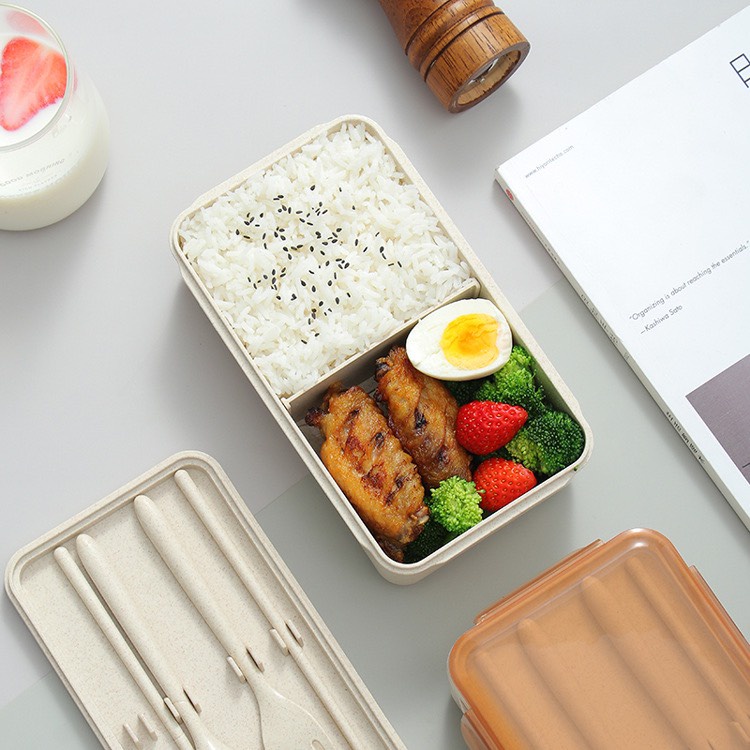 Hộp Cơm Văn Phòng lúa mạch 2 ngăn giữ nhiệt kèm muỗng đũa nĩa cao cấp ChiChi BDM05