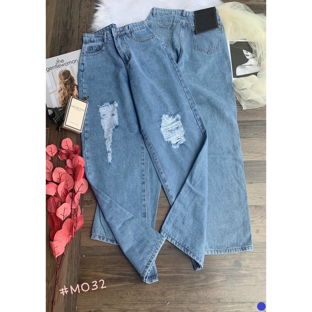 QUẦN JEAN ỐNG RỘNG NỮ RÁCH 2 MẢNG TO LƯNG CAO MÀU XANH NHẠT LAI CUỐN CAO CẤP UTI ĐỦ SIZE S, M, L SIÊU XỊN SÒ, MÁT MẺ
