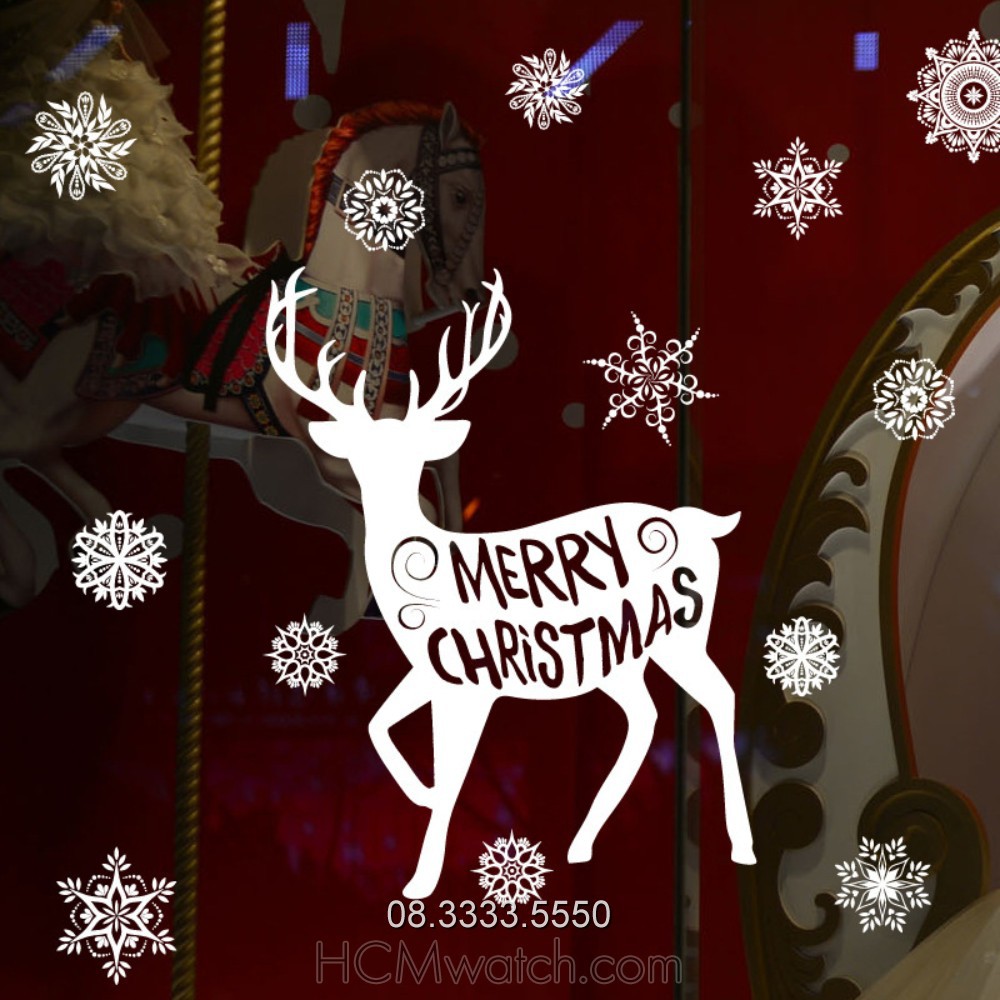 Decal trang trí Giáng Sinh Noel, hình ảnh tuyết rơi, Ông già Noel, tuần lộc, cây thông