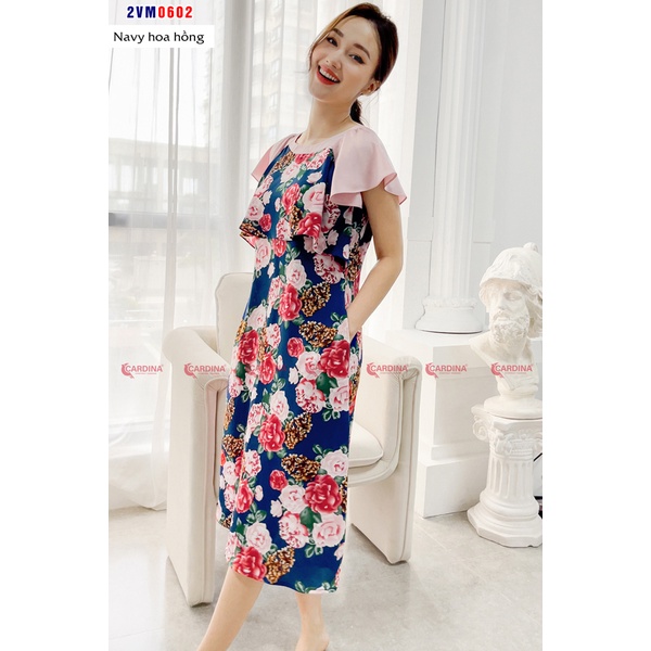 Đầm nữ CARDINA chất lụa Mango cao cấp phối tay Raglag dáng suông họa tiết tinh tế 2VM06