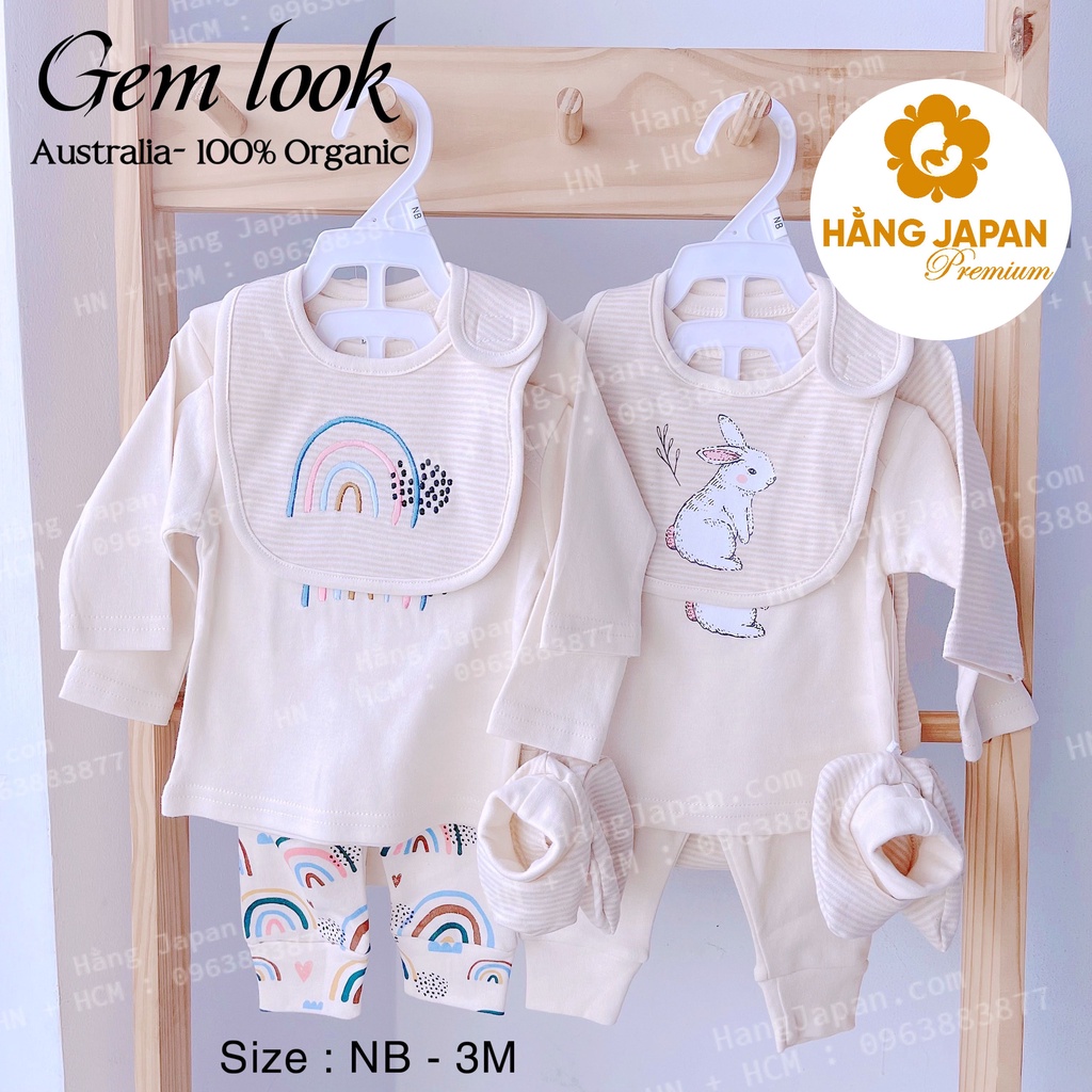 Set đồ sơ sinh 6 chi tiết Gem Look cho bé gồm bộ body, bộ quần áo, mũ, yếm, bao chân cotton organic hàng Úc