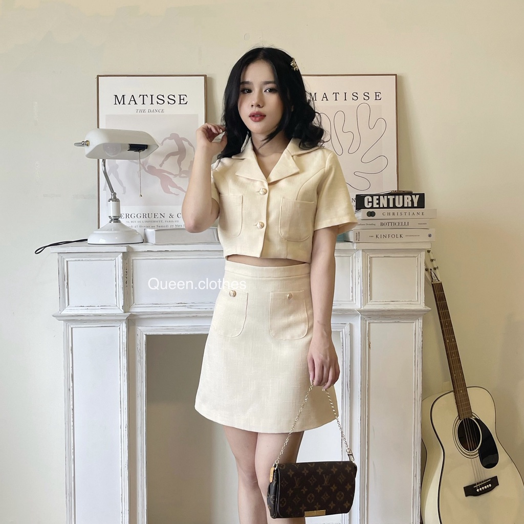 Set áo vest tay ngắn blazer croptop mix chân váy chữ A QUEEN CLOTHES chất linen bố gân có lót bên trong - LUNA SET QS001