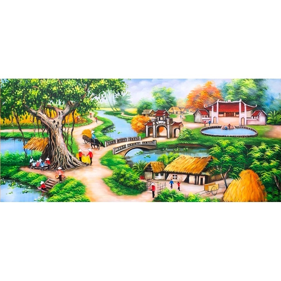 (GIÁ SỈ) Tranh đính đá phong cảnh làng quê, tranh đinh đá tự làm khổ lớn cây đa giếng nước