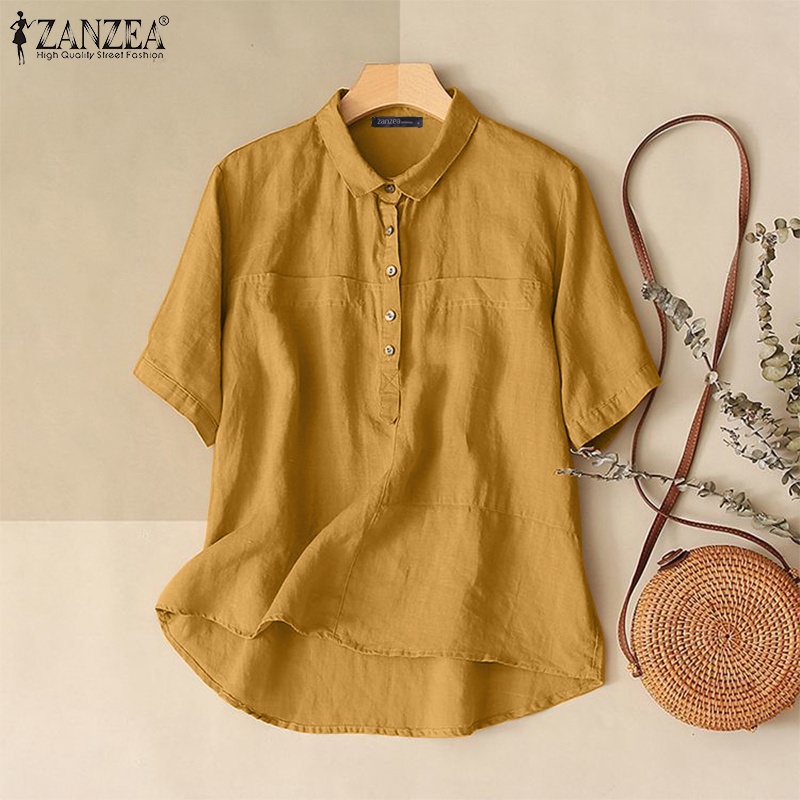Áo ZANZEA màu trơn tay ngắn cổ tròn cài nút phía trước thời trang đơn giản dành cho nữ