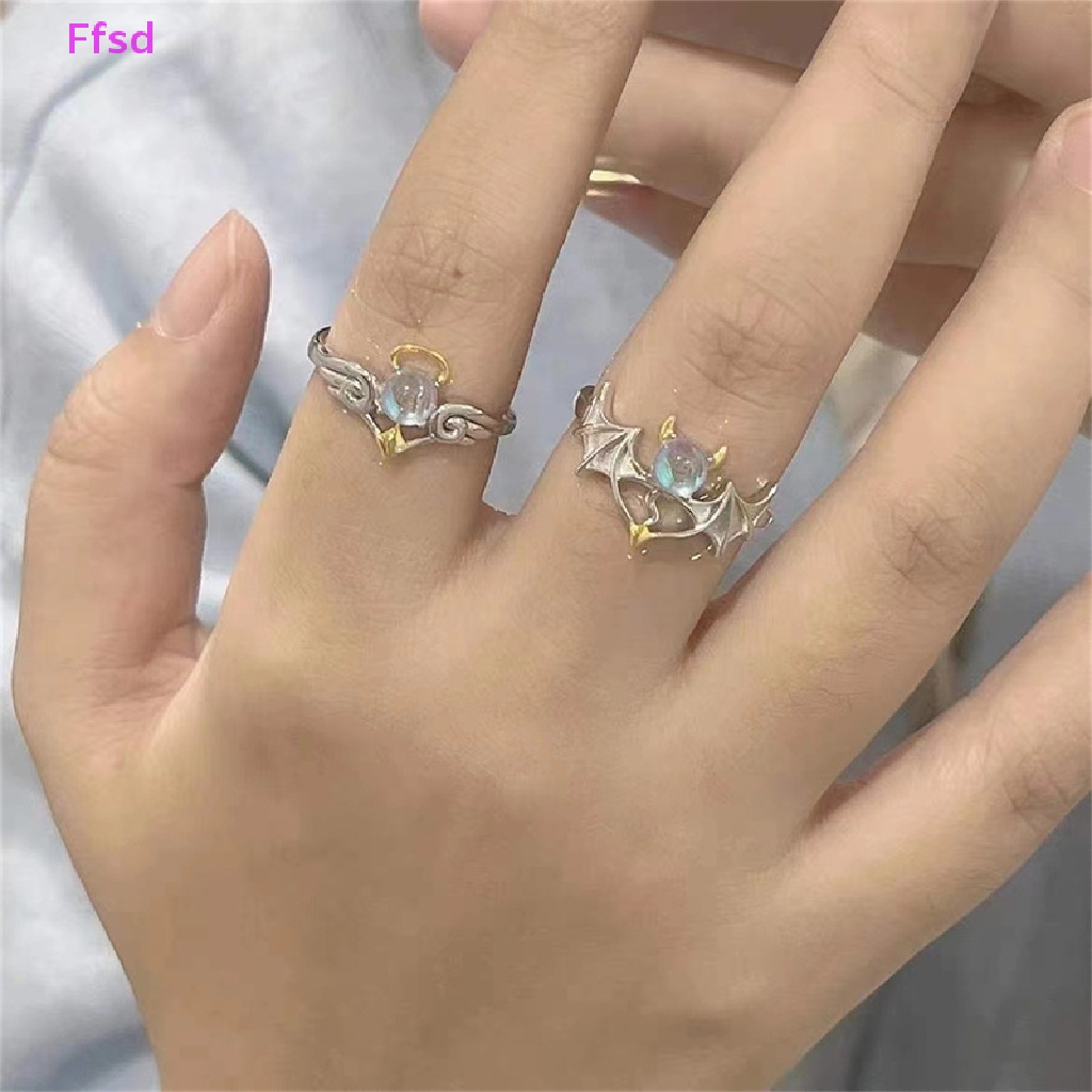 {Ffsd} Nhẫn Cặp Đôi Cánh Thiên Thần Và Mặt Trăng Lãng Mạn Có Thể Điều Chỉnh Kích Cỡ