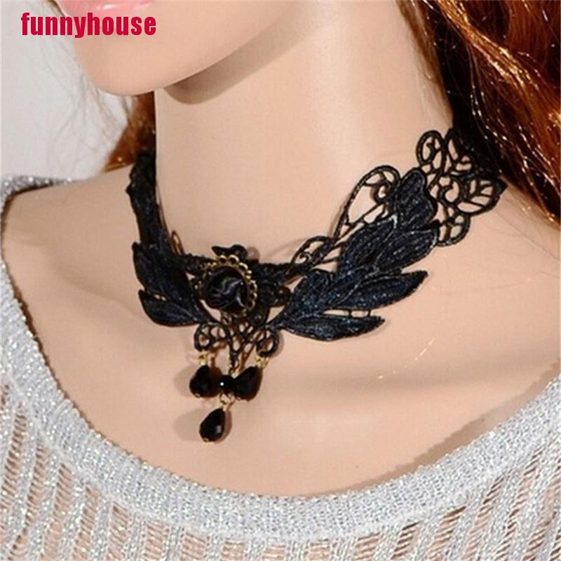 Vòng Cổ Choker Ren Đính Hạt Và Hoa Hồng Đen Phong Cách Lolita