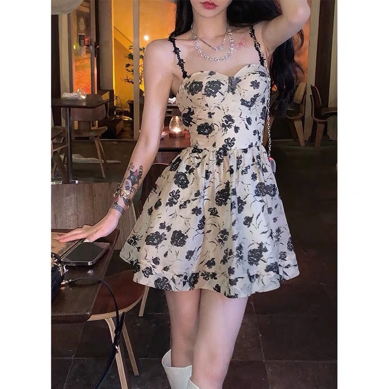 Hot!Đầm Chữ a Hai Dây In Họa Tiết Hoa Phong Cách Pháp Thời Trang Mùa Hè Cho Nữ