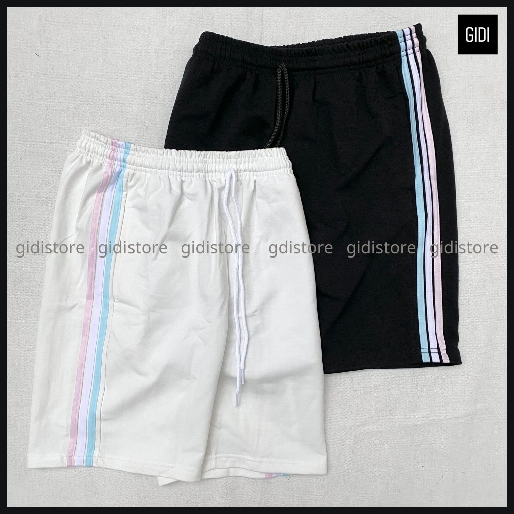 Quần Short thun RIO Nam Nữ Unisex phối 3 sọc trắng/ đen/ blue - quần đùi ngắn ống suông