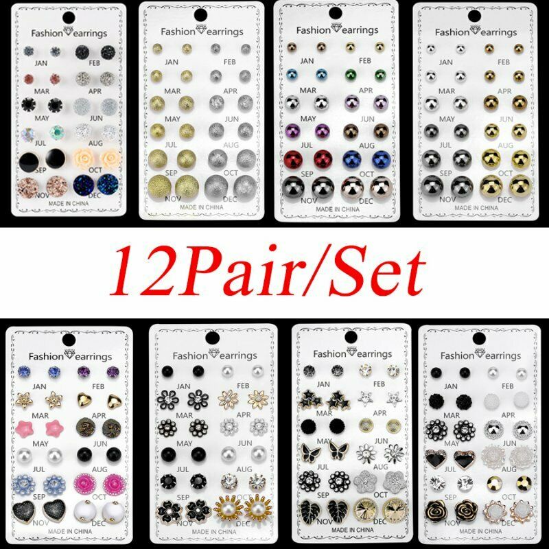 Set 12 đôi khuyên tai BELLA-BEE đính đá và hạt ngọc trai nhân tạo thời trang