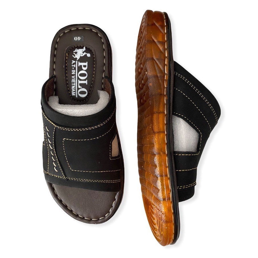 Dép da nam cao cấp đế khâu viền màu đen ms 011