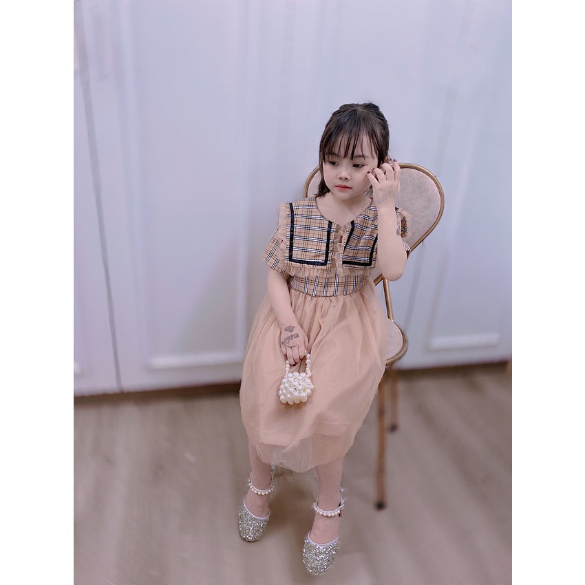 Váy Cộc Tay Kẻ BBR Cổ Vuông Kết Hợp Voan Cao Cấp Sang Chảnh Cho Bé Từ 8-20kg Mã V22
