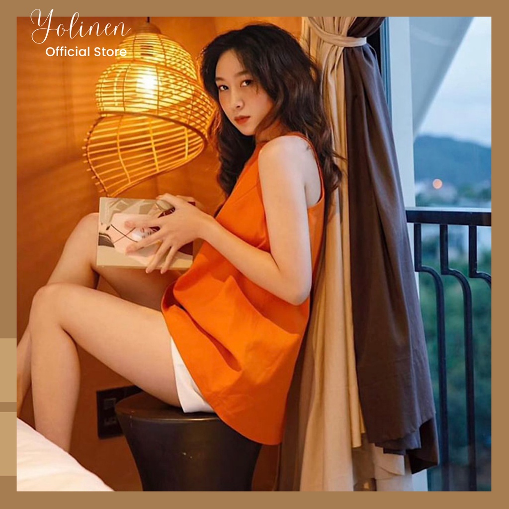 Bộ nữ mặc nhà sát nách form rộng trẻ trung YOLINEN vải linen thoáng mát nút bọc quyến rũ
