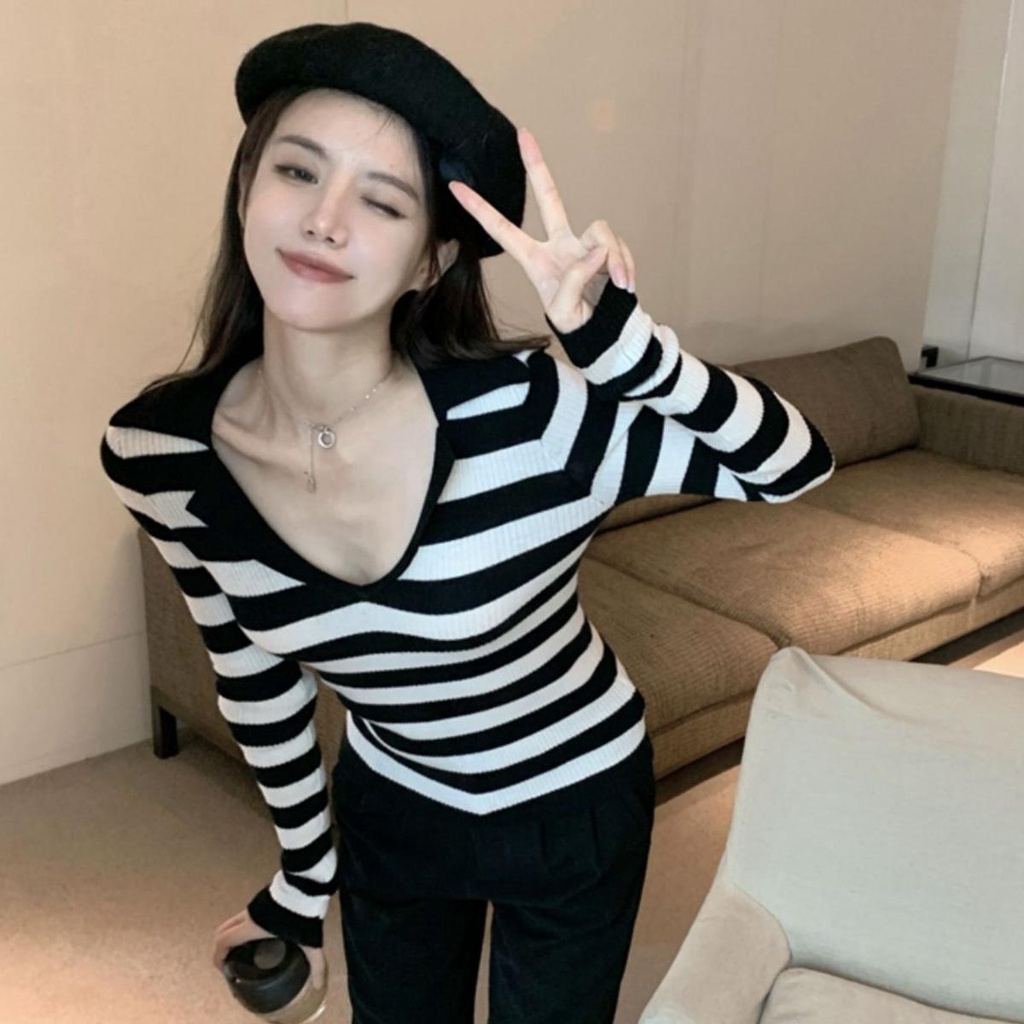 Áo kiểu ZHELIHANGFEI dệt kim tay dài cổ polo bẻ họa tiết kẻ sọc thời trang trẻ trung dành cho nữ