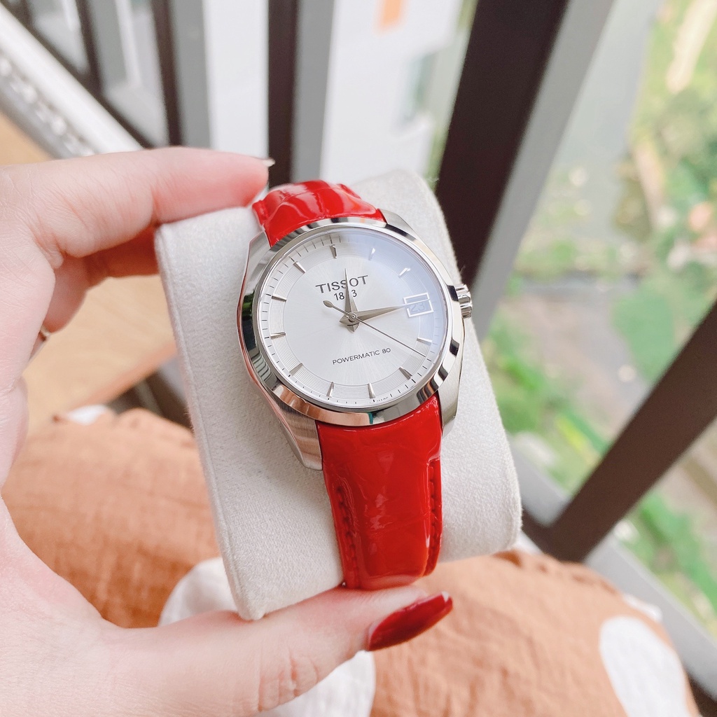 Đồng hồ Nữ chính hãng Tissot 1853 Couturier Powermatic T035.207.16.031.01 Size 32,Mặt trắng,Lịch ngày-Máy cơ-Dây da đỏ