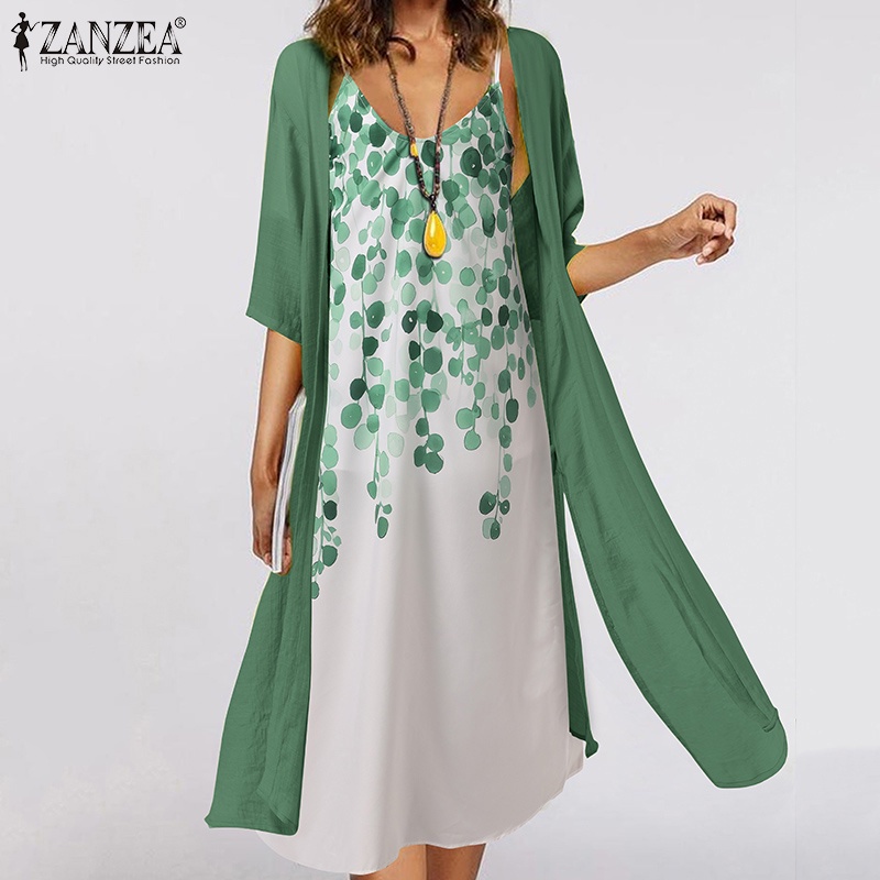 Set đầm hai dây và áo khoác cardigan ZANZEA màu trơn thời trang dành cho nữ