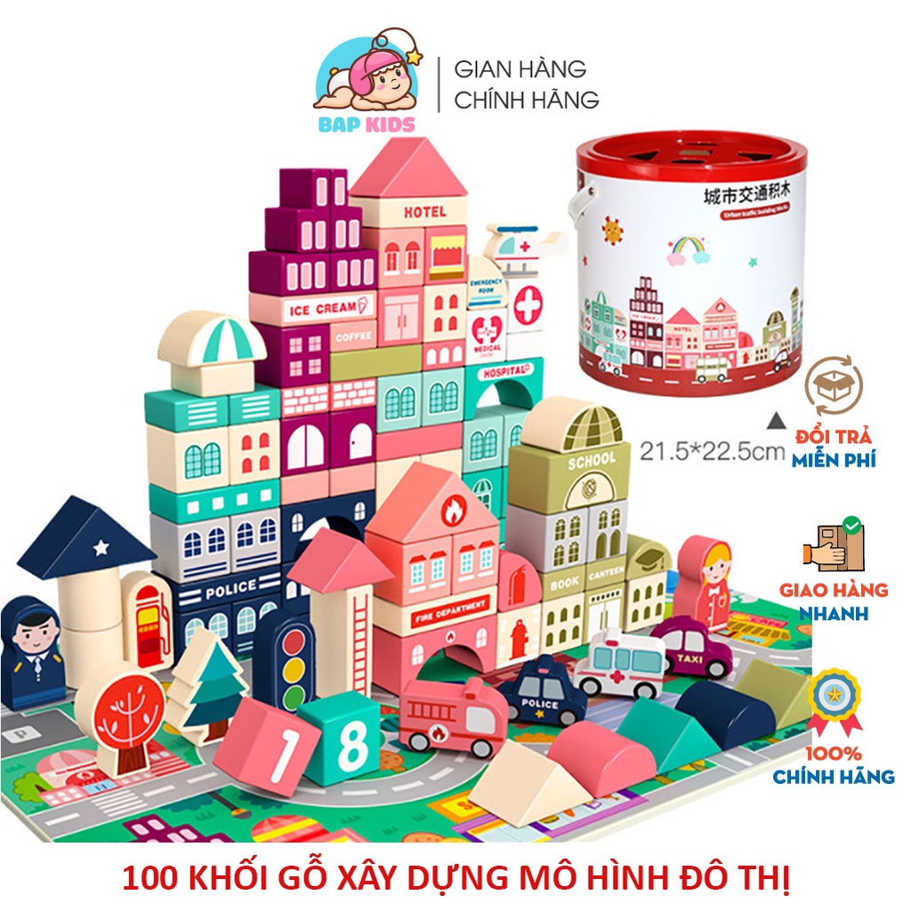 Đồ chơi xếp hình cho bé 100 khối xây dựng giao thông đô thị bằng gỗ cao cấp Bapkids