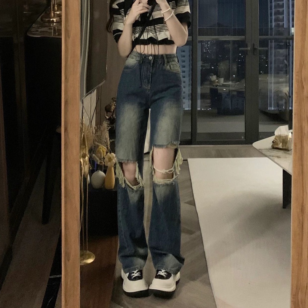 Quần Jeans Nữ Lưng Cao Dáng Rộng Rách Gối Cá Tính