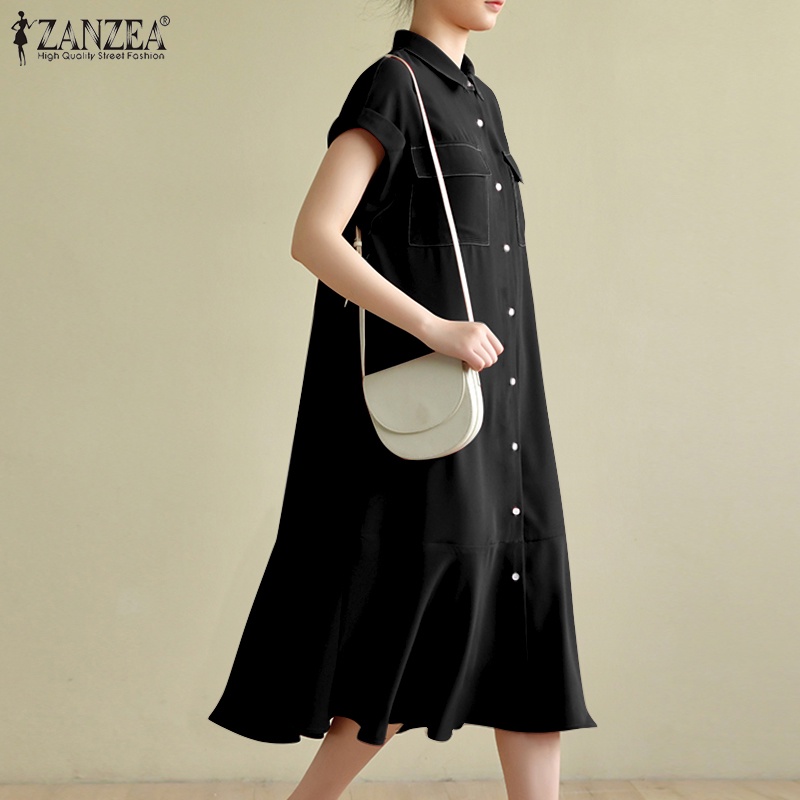 Đầm midi Zanzea tay ngắn màu trơn viền nhún bèo phong cách cổ điển cho nữ