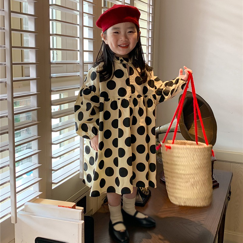 Se7en Đầm Công Chúa Mùa Hè Tay Dài Cổ Tròn In Chấm Bi Phong Cách Hàn Quốc Cho Bé Gái