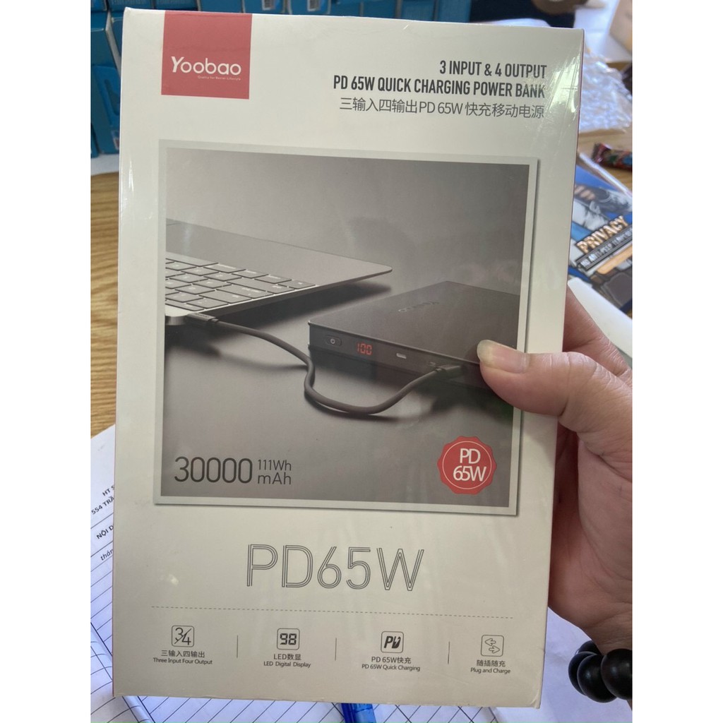 Pin sạc dự phòng dung lượng cao Yoobao PD65W 30000mAh 3 Đầu vào & 4 Đầu ra cho Máy tính xách tay Sạc nhanh