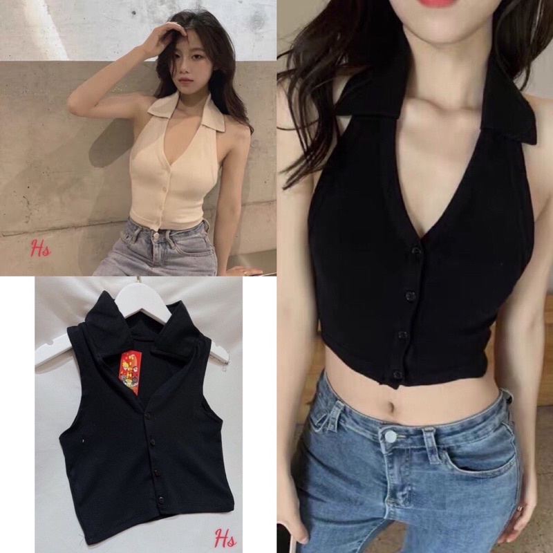 Áo Croptop Nữ 3 Lỗ Cổ Polo Siêu Xinh 🦋 Áo Crt Nữ Sát Nách Cổ Bẻ 2 Màu So Hot