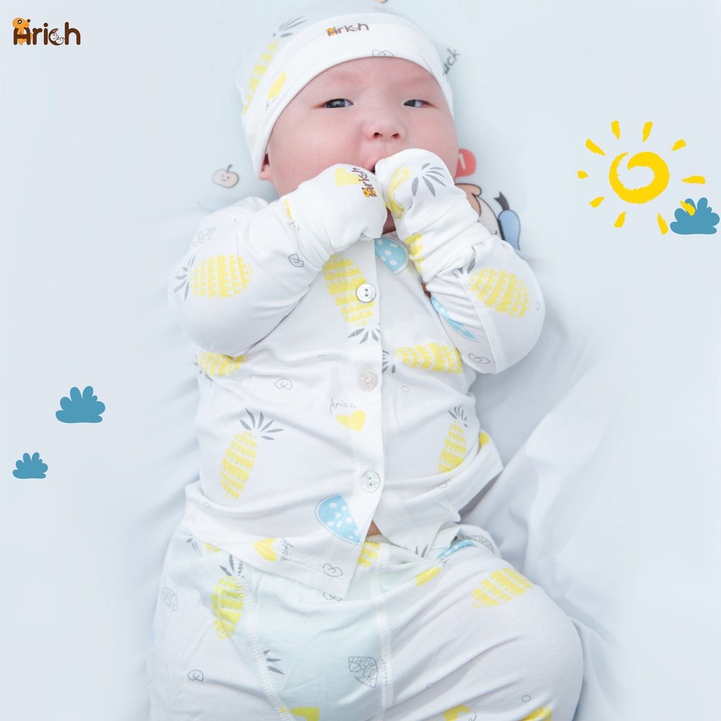 Bộ quần áo dài cài thẳng họa tiết mới Arich vải sợi tre ( size 0- 18 tháng)