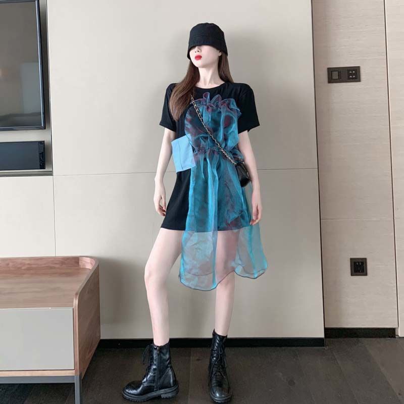 2021 design new summer organza pleated irregular denim mesh stitching cotton short sleeve T-shirt female ins trendy styl