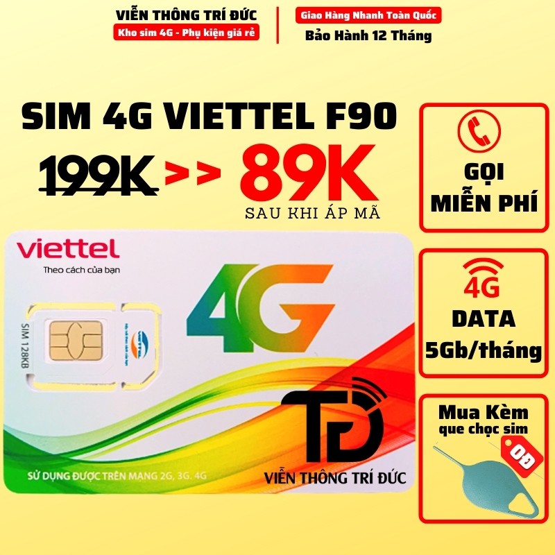 Sim 4G Viettel F90 Gọi Miễn Phí nội mạng + 15 Phút Gọi Ngoại Mạng + 5Gb Data Tốc Độ Cao + 250 SMS - Viễn Thông Trí Đức