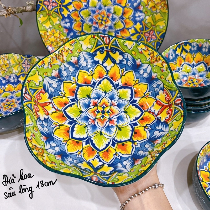 Bộ bát đĩa gốm sứ decor hoạ tiết thổ cẩm siêu đẹp