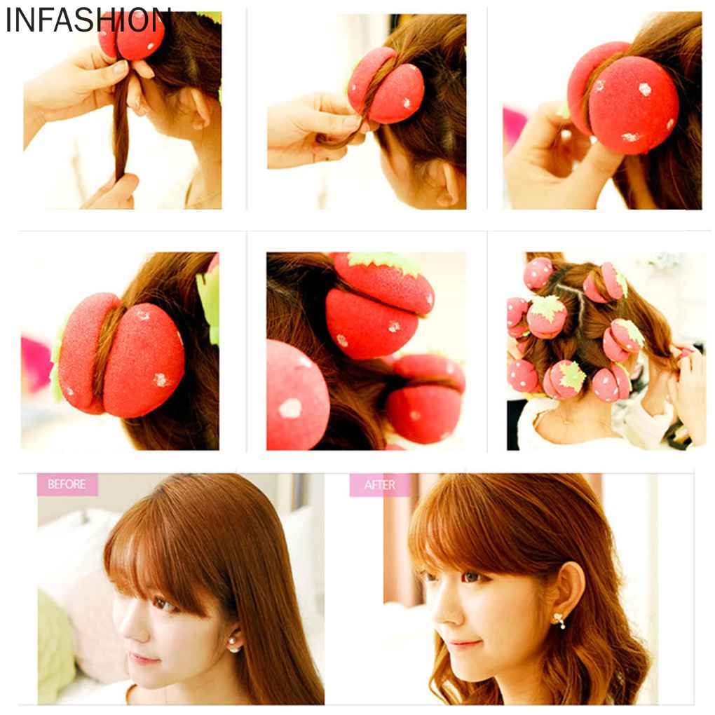 Bộ 6 dụng cụ uốn tóc hình tròn màu hồng bằng mút mềm mại tiện dụng cho nữ