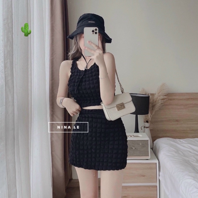 Set áo ba lỗ kèm chân váy chữ A ôm ba màu siêu cưng, Set bộ sát nách ALOHASHOP Set croptop chân váy vải xốp  PC