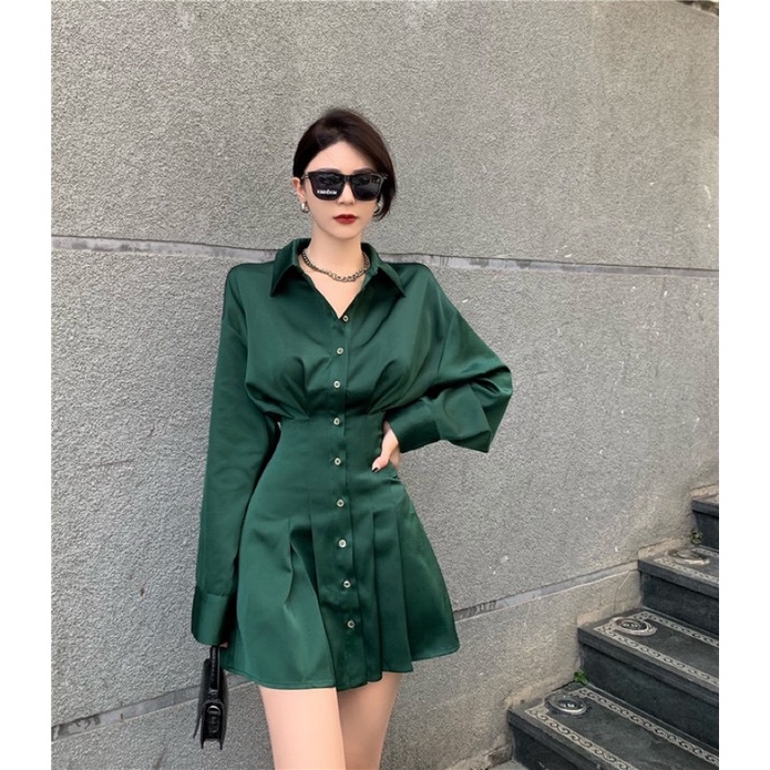 Váy Sơ Mi Nữ Màu Xanh Lá Cây🪴 Váy Xếp Ly Cho Cảm Giác Eo Thon Gọn💋
