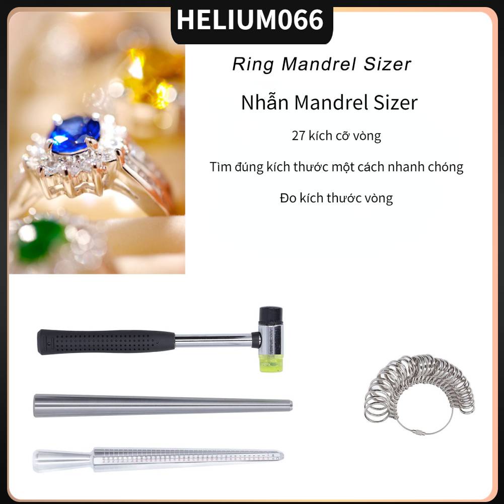 Nhẫn Mandrel Sizer ngón tay đo Đồng hồ cao su Búa gậy Bộ trang sức làm đồ Bộ dụng cụ làm đồ trang sức Helium066