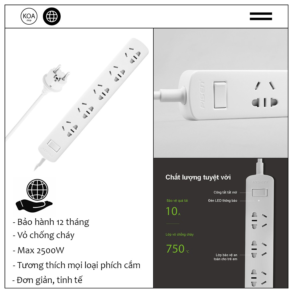 Ổ cắm điện đa năng thông minh Pisen 005(EP) (5 USB) 1,8 met