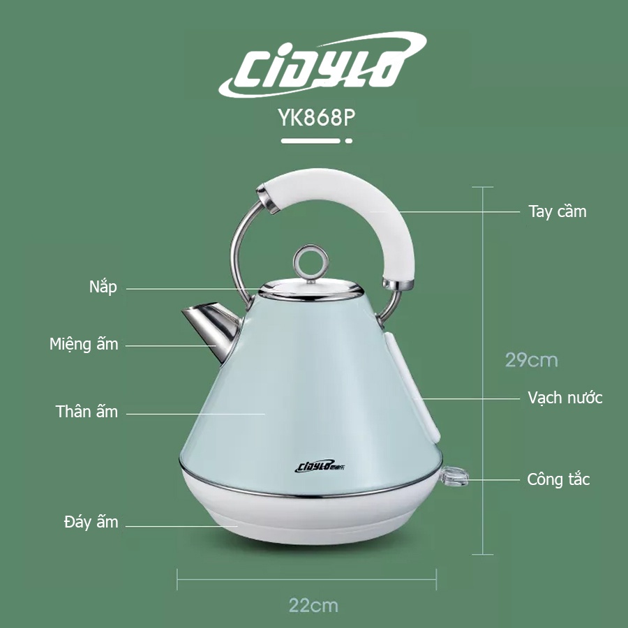 Ấm siêu tốc Cidylo , ấm đun nước thủy tinh dung tích 1.8L sôi nhanh chóng, cách nhiệt, tự động ngắt