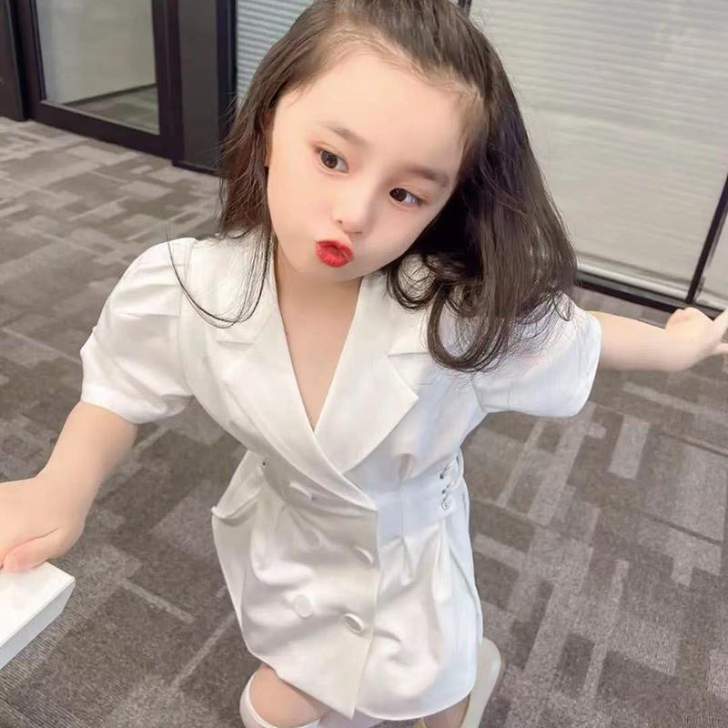 Đầm tay phồng chiết eo phối hai hàng nút thời trang mùa hè thanh lịch thời trang cho bé gái