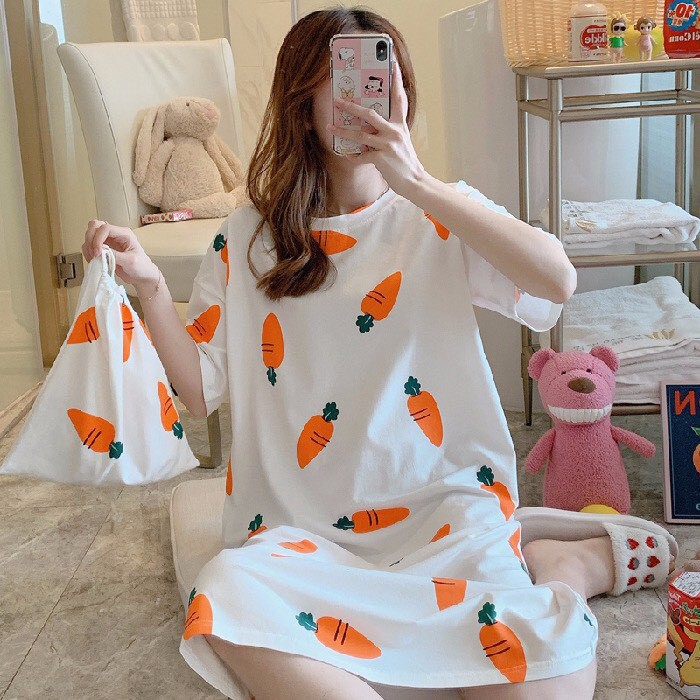 Đầm ngủ thun hoa tiết quảng châu, chất cotton form rộng thoáng mát