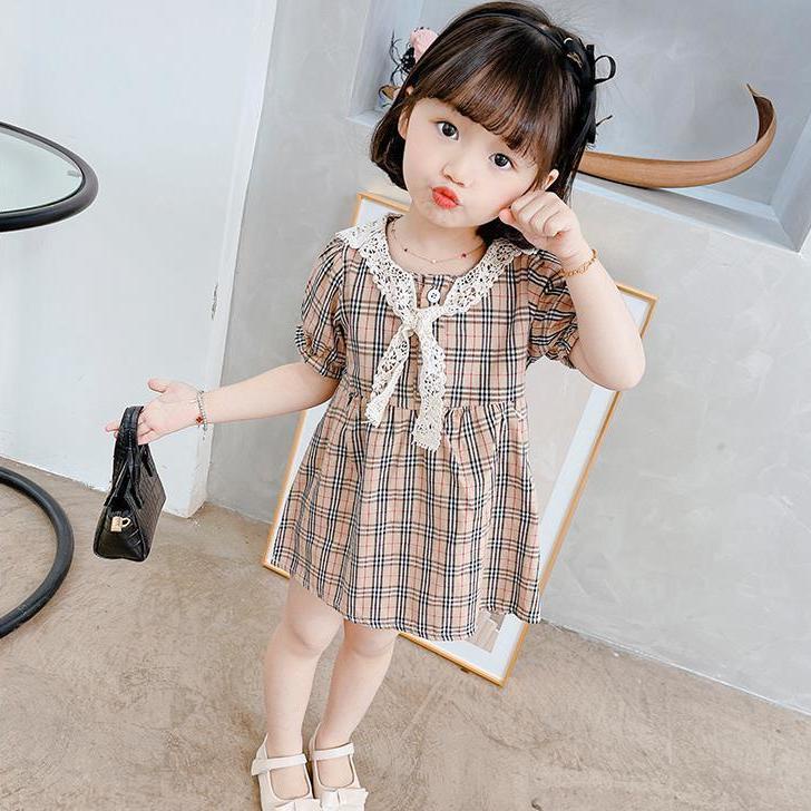 Đầm công chúa tay ngắn kẻ sọc caro thiết kế thời trang mùa hè theo phong cách Hàn Quốc cho bé gái 2021