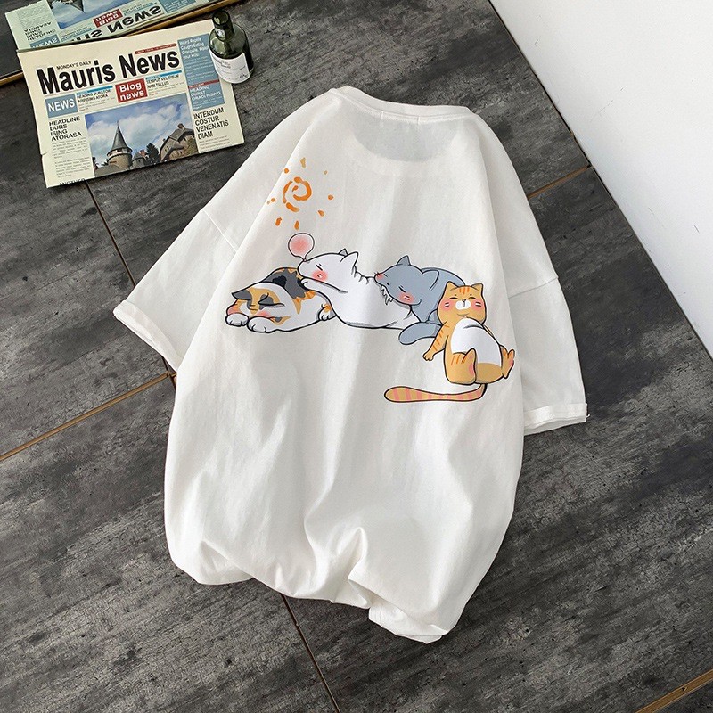 Áo thun 4 con mèo ngủ, áo thun tay lỡ dáng rộng mèo ngủ - kiểu dáng unisex | BigBuy360 - bigbuy360.vn