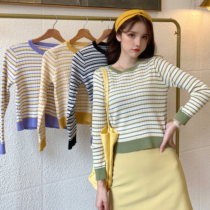 Áo Sweater Dệt Kim Tay Dài Hoạ Tiết Kẻ Sọc Màu Tương Phản Cho Nữ | BigBuy360 - bigbuy360.vn