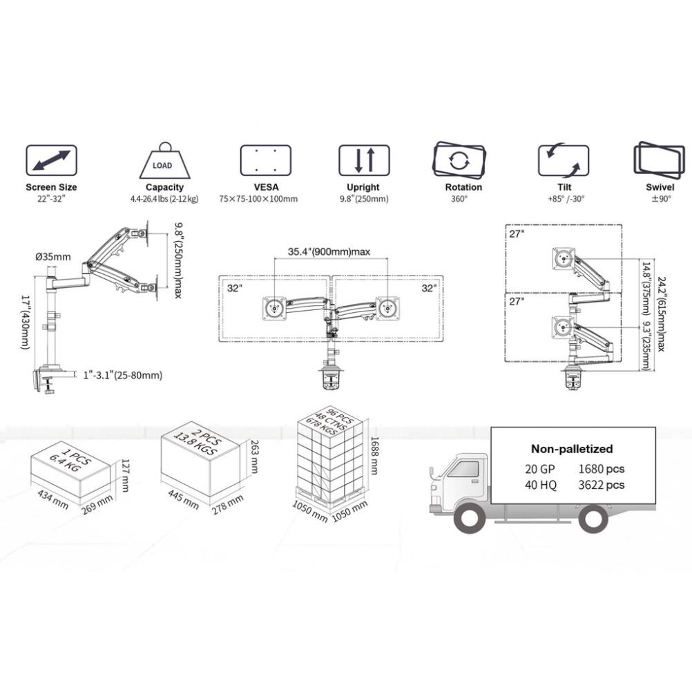 Giá treo 2 màn hình North Bayou NB-H180 Từ 22 - 32 inch tải trọng tối đa 12kg