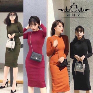 Đầm body cổ tròn tay dài váy dáng dài sang chảnh chất thun gân siêu sang