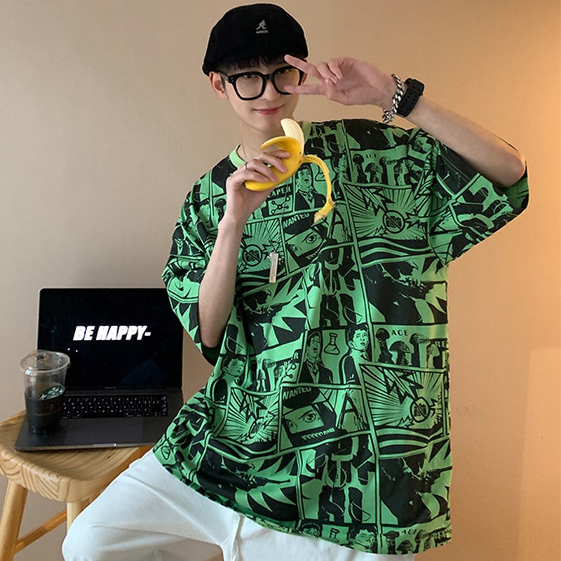 Áo Thun Tay Ngắn Cổ Tròn Dáng Rộng In Họa Tiết Graffiti Phong Cách Hàn Quốc Thời Trang Mùa Hè Cho Nam/Nữ Size M-5XL