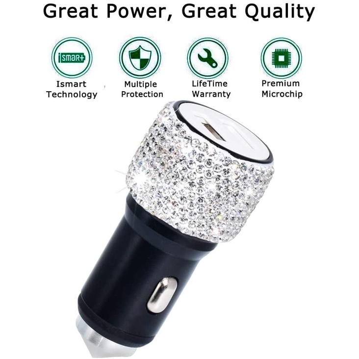 Tẩu Sạc Nhanh USB Kép Đính Đá Pha Lê Thủ Công Dùng Trên Xe Hơi
