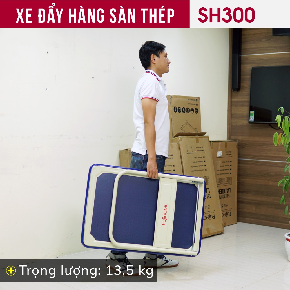 Xe đẩy hàng 4 bánh gấp gọn 300kg Nhập Khẩu FUJIHOME Nhật Bản, xe kéo hàng xếp gọn bánh cao su platform hand truck